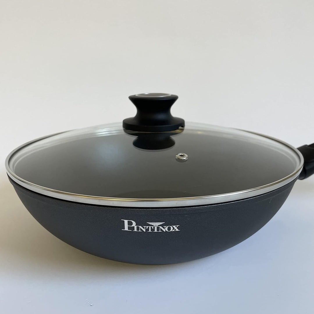 Pintinox Aluminium Wok mit Deckel 28 cm Ø Serie Power Xylan Antihaftbeschichtung Induktion
