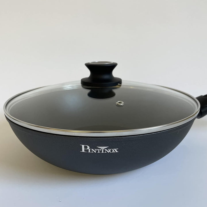 Pintinox Aluminium Wok mit Deckel 28 cm Ø Serie Power Xylan Antihaftbeschichtung Induktion