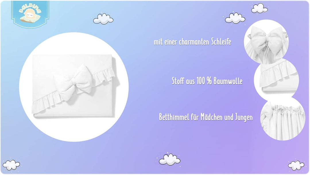 balbina Baldachin 100% Baumwolle, Deko-Set für Kinderbett, Betthimmel mit Rüsche & Schleife, Moskito