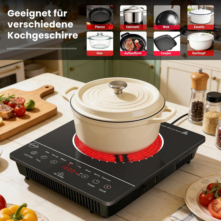Hobsir Herdplatte 1 Kochfeld mit Stecker, 2000 Watt, tragbares Glaskeramik-Kochfeld, 9 Leistungsstuf