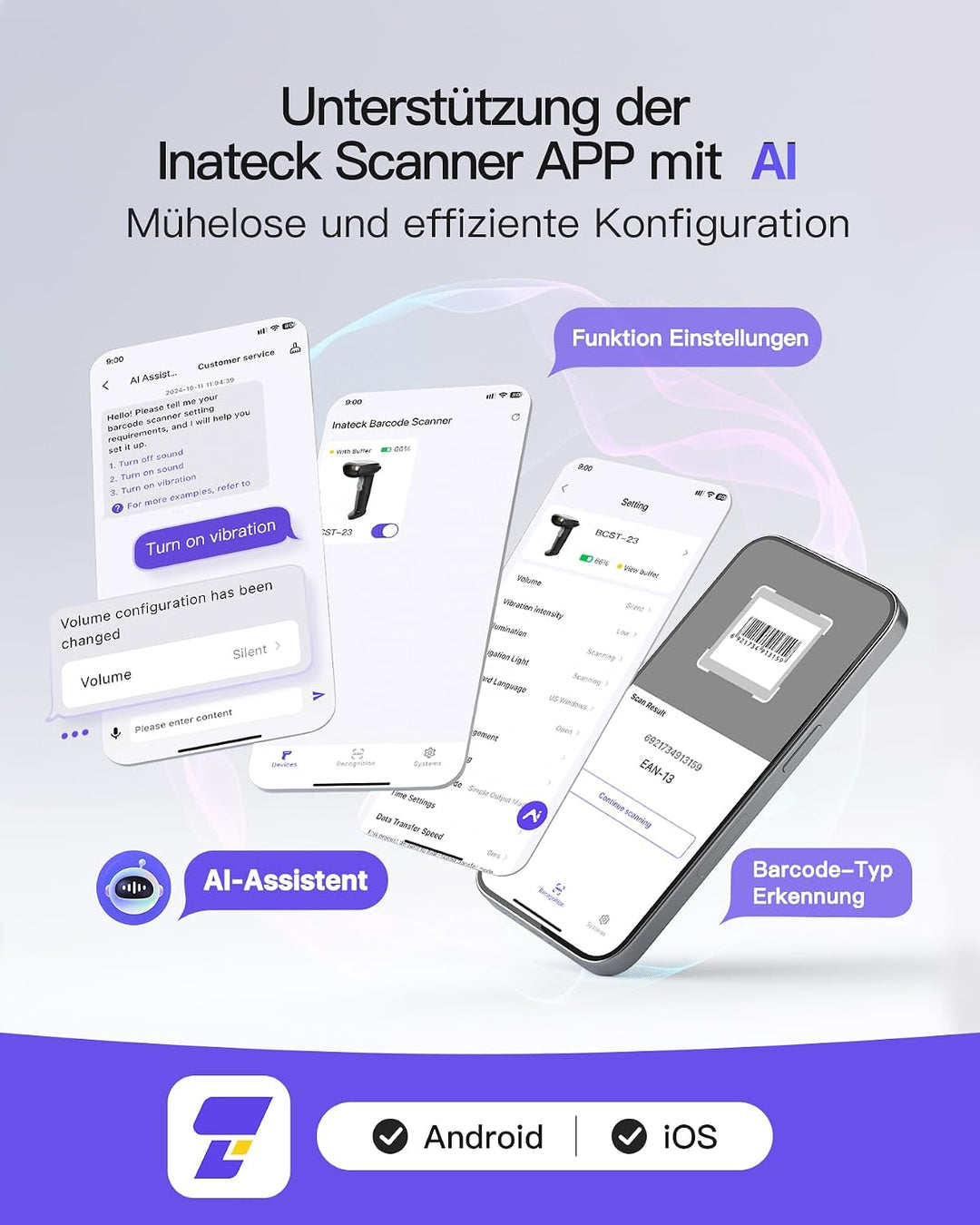 Inateck Barcode Scanner Kabellos, 1D 2D QR Code Scanner, BCST-23 Dunkelgrau | 3-in-1 mit Bluetooth,