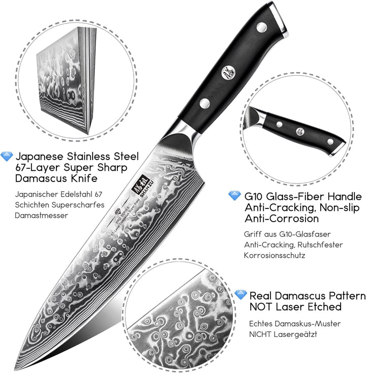 SHAN ZU Damastmesser Kochmesser 67 Schichten Damaststahl Küchenmesser mit G10 Griff 20CM & Damast Sc