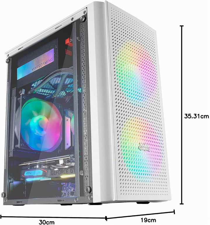 Mars Gaming MC300W Weiss, MicroATX PC Gehäuse, Gehärtetes Glas, Mesh Front, 3xFRGB Lüfter, MC300W