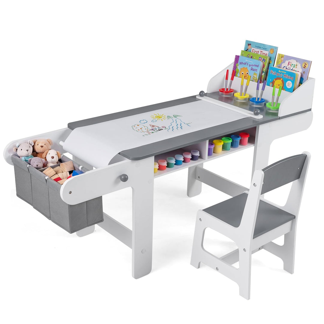 COSTWAY Kindertisch mit Stuhl, Papierrolle &amp; 4 Farbbechern, Grau