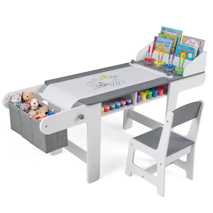 COSTWAY Kindertisch mit Stuhl, Papierrolle &amp; 4 Farbbechern, Grau