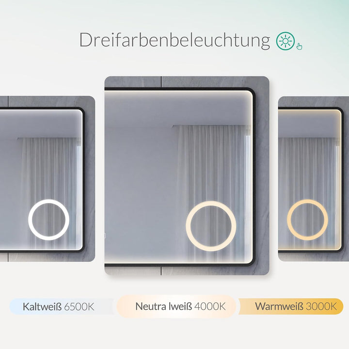 LED Badspiegel mit Aluminiumrahmen &amp; Bluetooth, HD Silber-Spiegel | 3 Lichtfarben Dimmbar Wandspiege