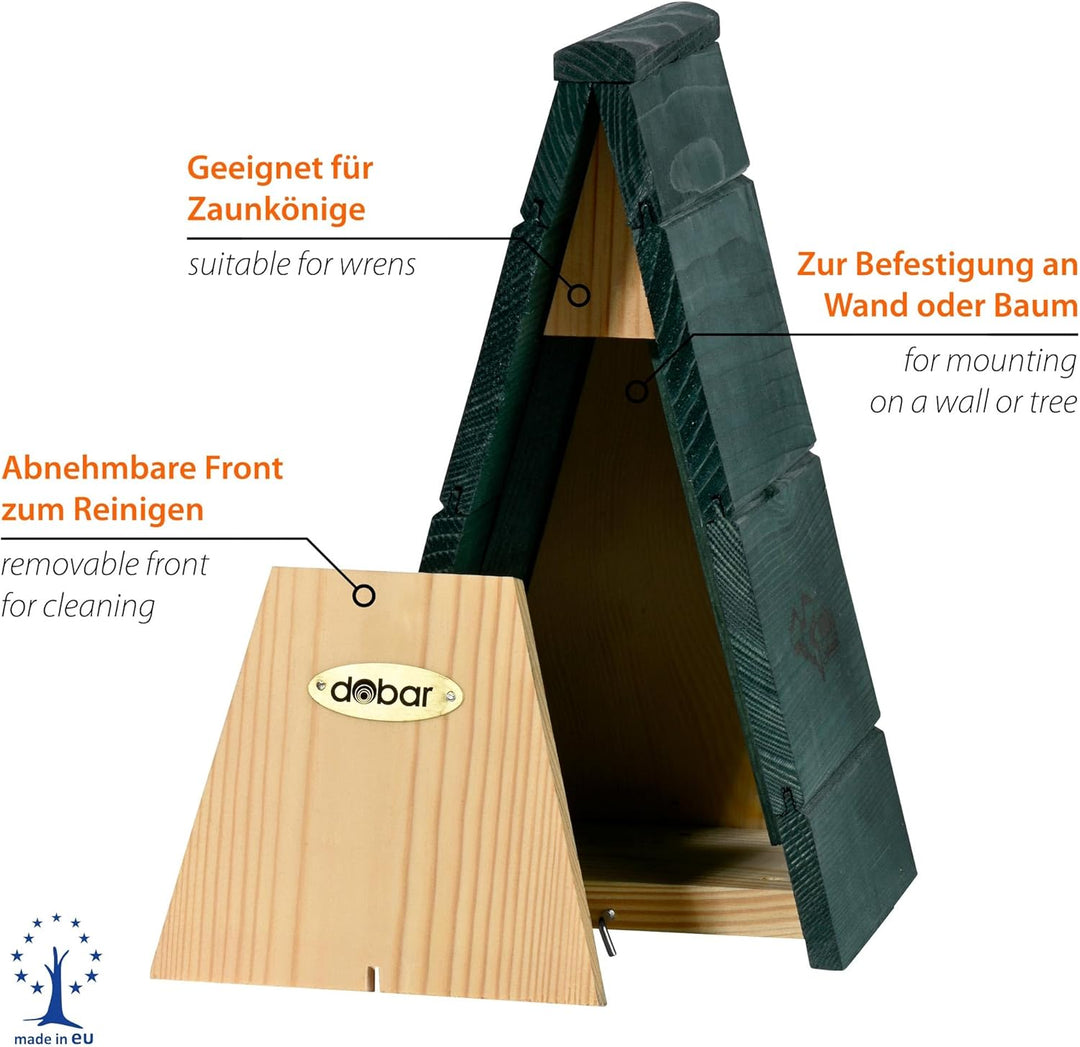 dobar VOBU Nistkasten Spitzdach für Zaunkönig - Halbhöhlen Nisthilfe aus Holz für Wildvögel - Grün,