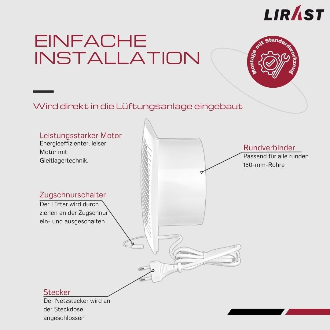 Ø 150mm Weiss Badlüfter mit Netzstecker - Lüfter für Effiziente Belüftung im Bad Küche WC, Ø 150mm W