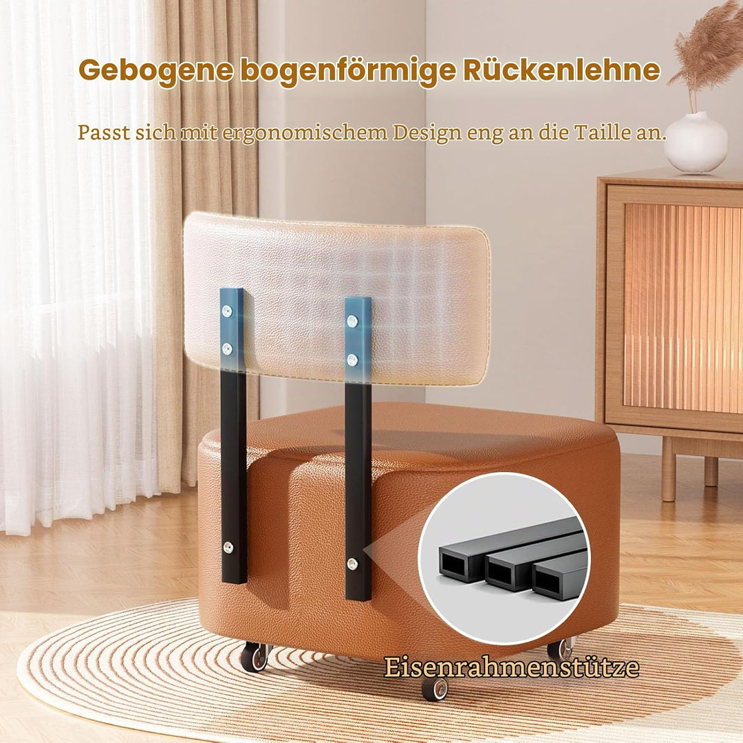 Rollstuhl PU-Leder Niedriger Rollhocker, Kleiner Hocker Mit Rollen Und Rückenlehne, Rollhocker Tritt