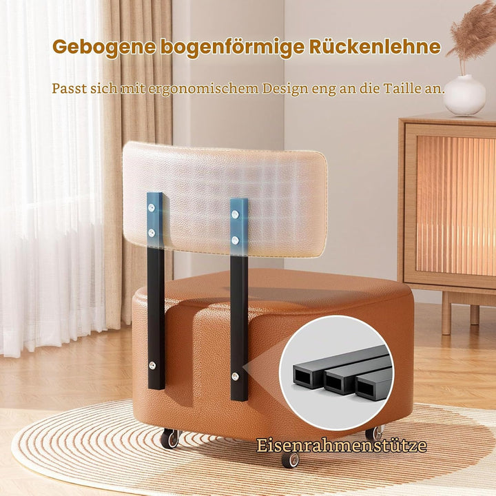 Rollstuhl PU-Leder Niedriger Rollhocker, Kleiner Hocker Mit Rollen Und Rückenlehne, Rollhocker Tritt