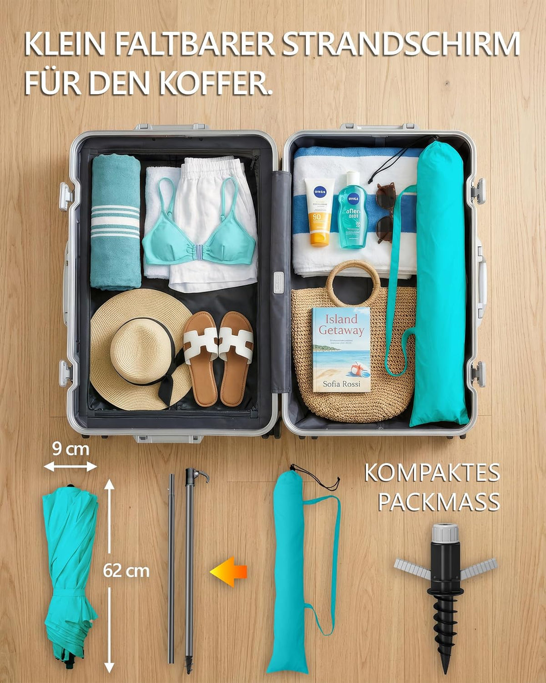 4smile Sonnenschirm Strand Ø 180 cm, 3-in-1 SET mit Bodenhülse, Türkis | UPF 50+ Strandschirm + Sonn