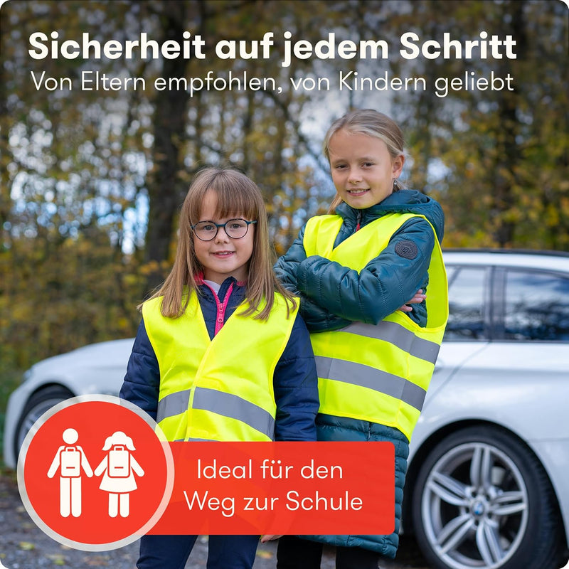 PURAHELP Warnweste Kinder (5-12 Jahre) Sicherheitsweste (10 Stück) für den Schulweg, Fahrrad, Auto -