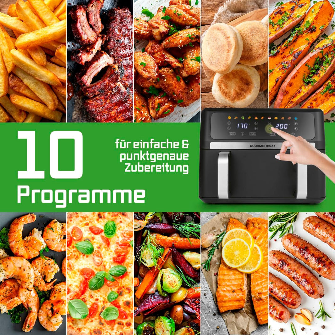 GOURMETmaxx AirGenius Heissluftfritteuse, 10 L - 2 x 5 L Airfryer Vario-Kammer | Fritteuse mit 10 Pr