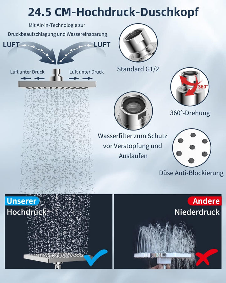 Hibbent Regenbrause Duschkopf(250 * 250MM),Edelstahl Regenduschkopf,Eckig Einbauduschköpfe,Spardusch