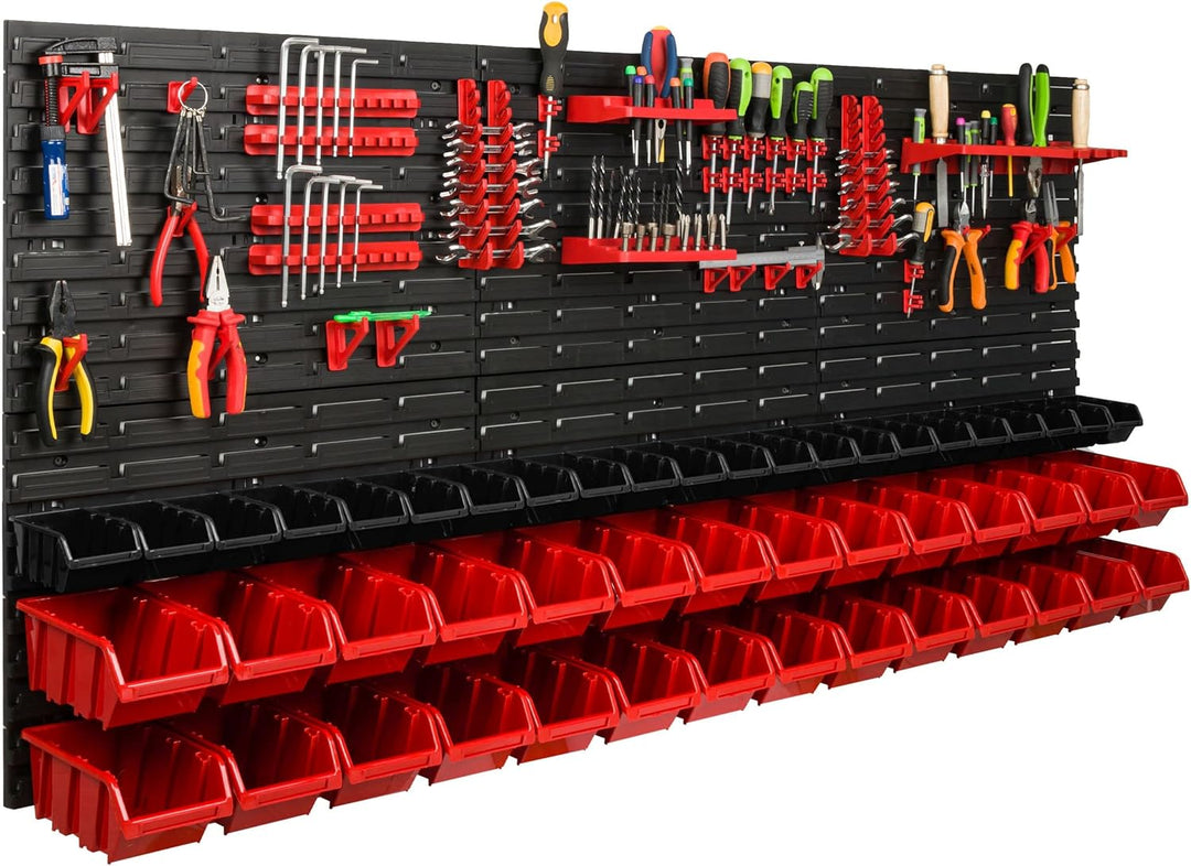 Lagersystem Werkstattregal | 172 x 78 cm | 50 stck. Box | Wandregal mit Werkzeughalterungen und Stap