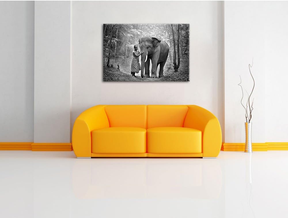 Pixxprint Elefant mit Mönch B&W als Leinwandbild/Grösse: 100x70 cm/Wandbild/Kunstdruck/fertig bespan