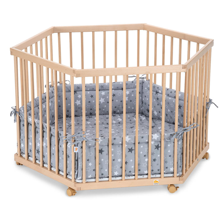 FabiMax Baby Laufgitter 6-eck, stufenlos höhenverstellbar, mit Schlupfsprossen, Laufstall aus massiv