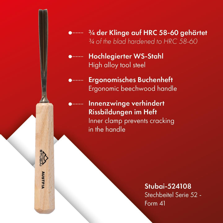 STUBAI Schnitzersatz 5-tlg. | Gerades Balleisen 20 mm, Flacheisen 16 mm, Hohleisen 10 mm, gekröpftes