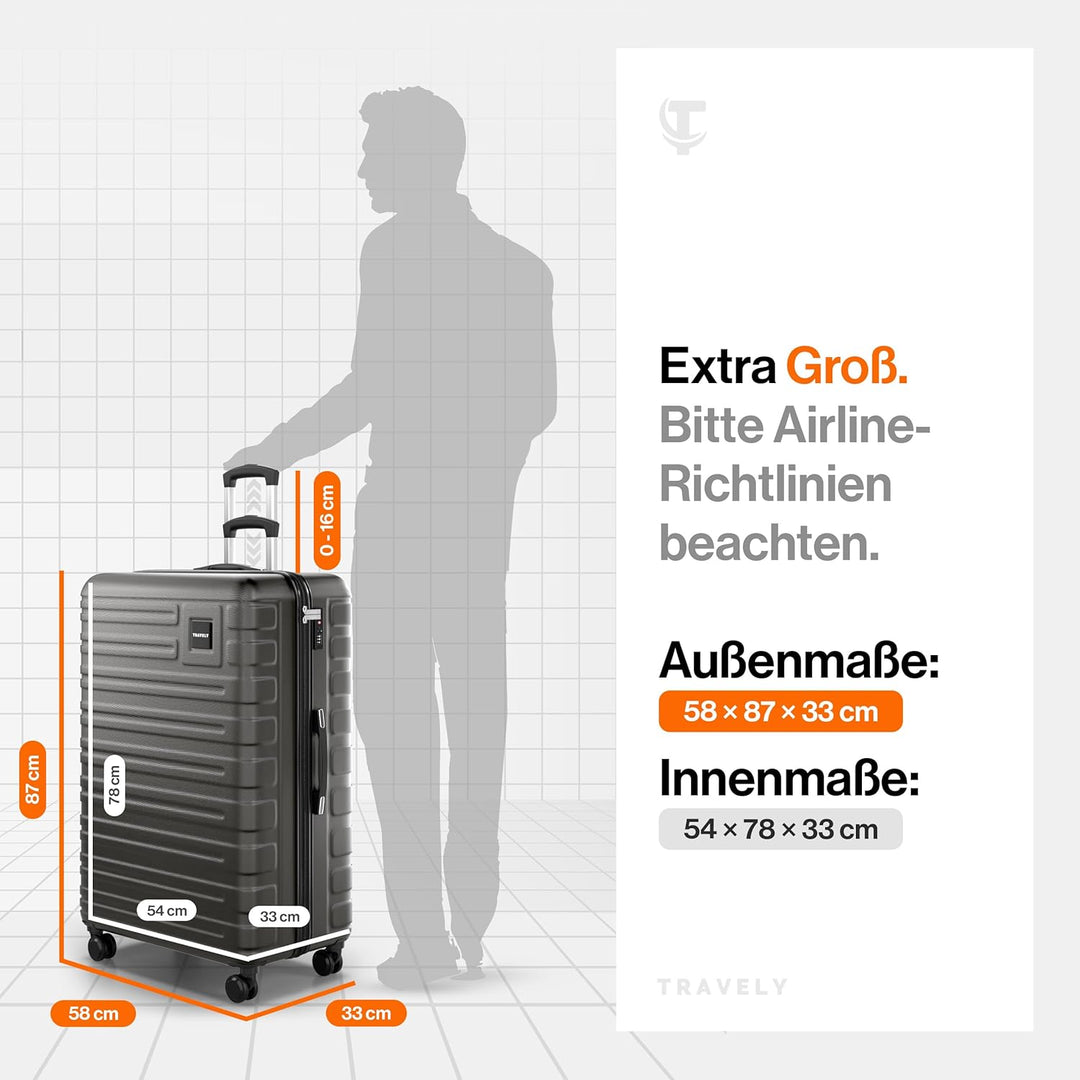 Travely Polycarbonat Koffer Gross 87cm XXL - 150L Innenvolumen, sehr robuster Hartschalenkoffer mit