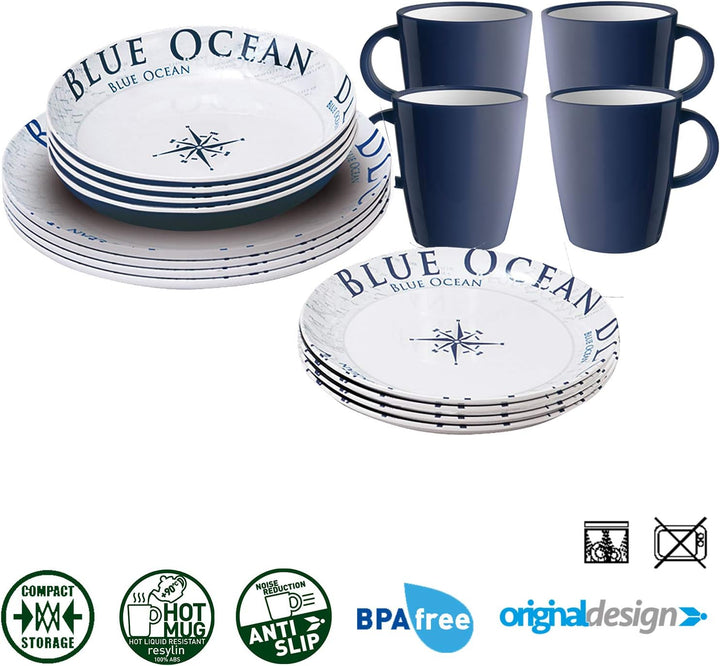 BRUNNER - Campinggeschirr Melamin Maritim (Set: 12, 16 oder 36 Teilig), 4 Personen - Blue Ocean - Ho