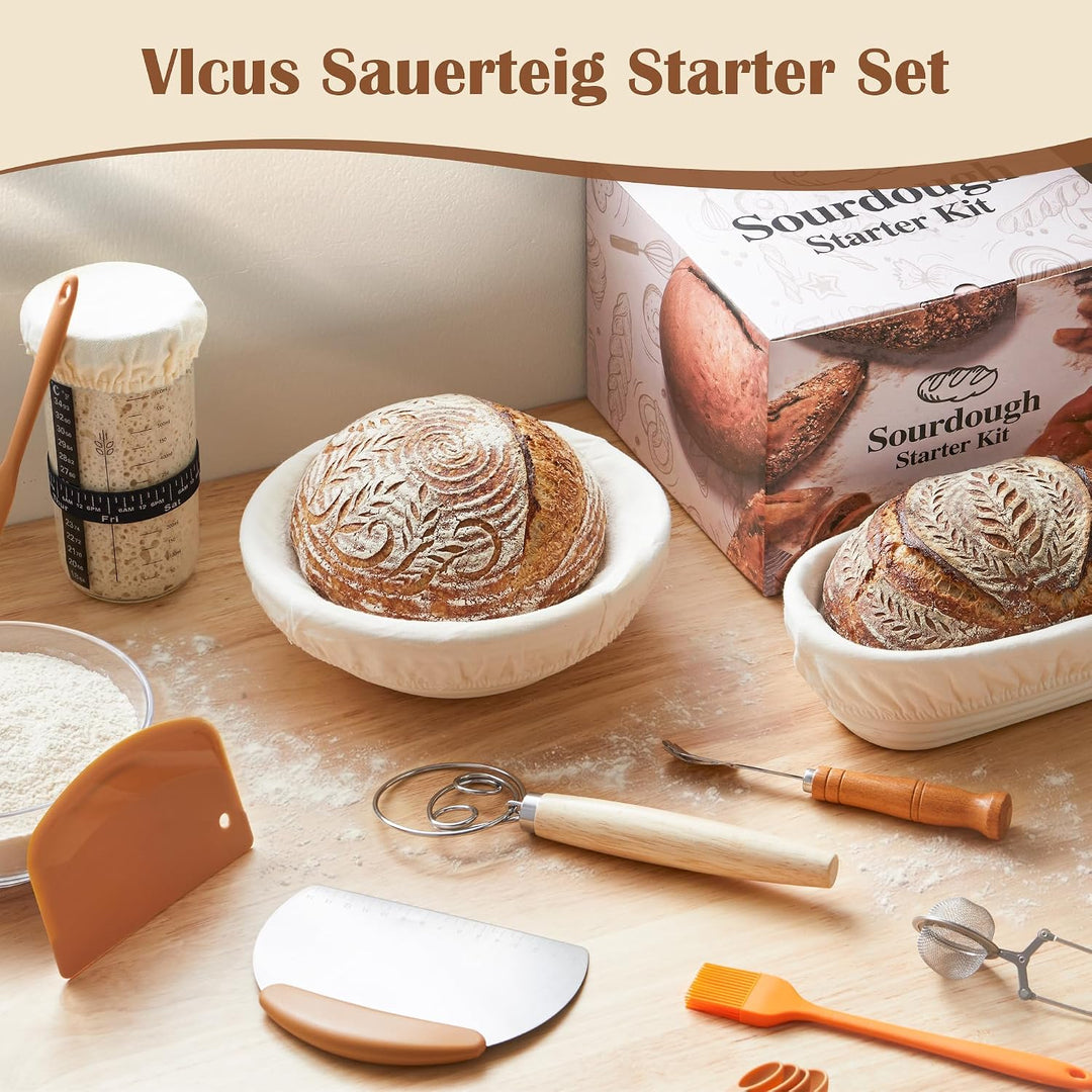 VIcus Sauerteig Starter Set, Gärkörbchen Rund & Oval, Brotbackzubehör Für Sauerteigbrot, Komplettes