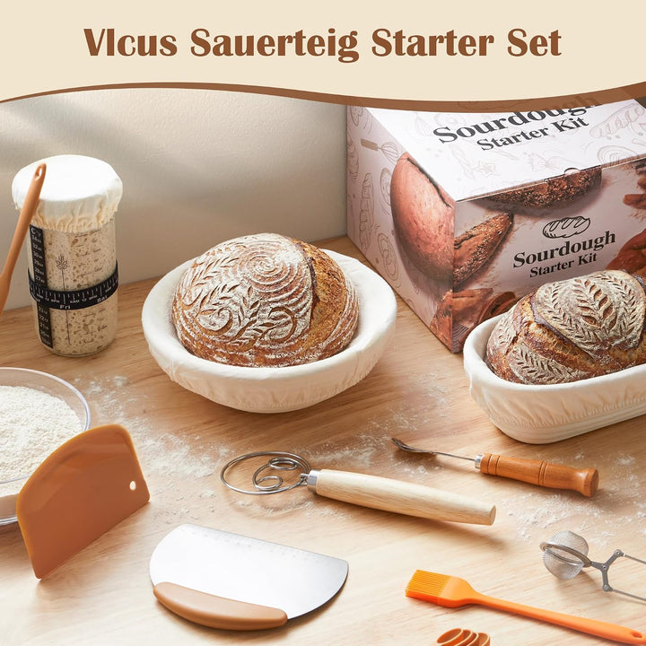 VIcus Sauerteig Starter Set, Gärkörbchen Rund & Oval, Brotbackzubehör Für Sauerteigbrot, Komplettes