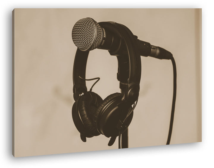 deyoli Mikrophon und Kopfhörer Format: 80x60 Effekt: Sepia als Leinwand, Motiv fertig gerahmt auf Ec