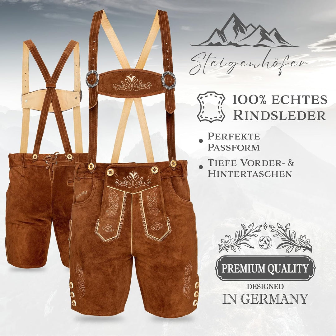 STEIGENHÖFER Lederhose Herren Tracht kurz - Anton - Trachtenhose mit Trägern - 100% Rindsleder - Tra