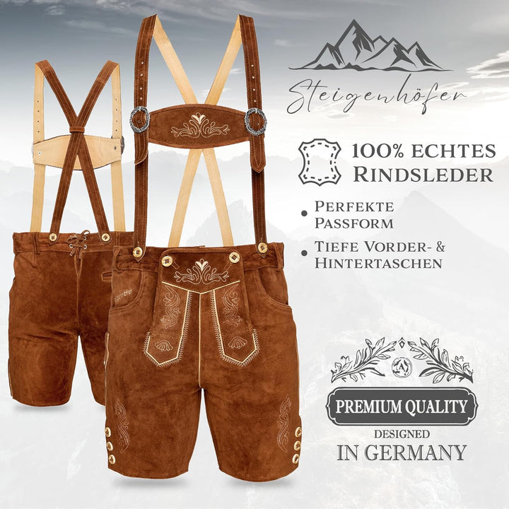STEIGENHÖFER Lederhose Herren Tracht kurz - Anton - Trachtenhose mit Trägern - 100% Rindsleder - Tra