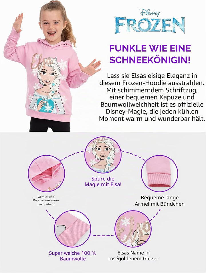 Disney Hoodie Kinder Frozen, ELSA Pullover Mädchen, Kapuzenpullover Kinder Eisprinzessin, ELSA Die E