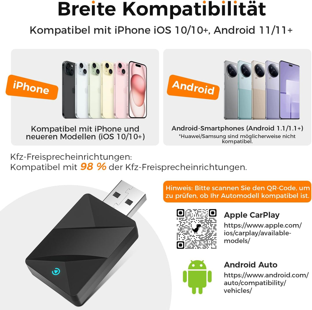 VOSFFEL Wireless Adapter Für CarPlay/Android Auto Kabelgebunden auf kabellos, CarPlay Wireless Adapt