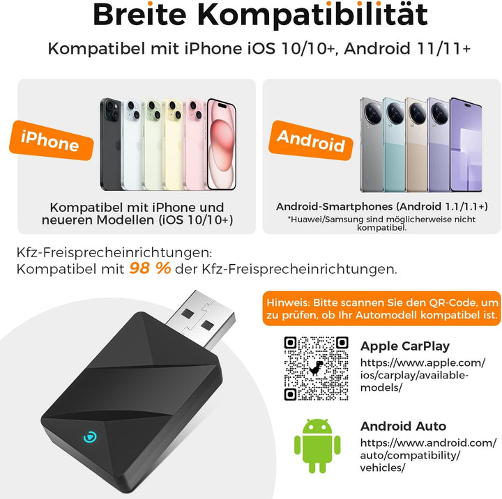 VOSFFEL Wireless Adapter Für CarPlay/Android Auto Kabelgebunden auf kabellos, CarPlay Wireless Adapt