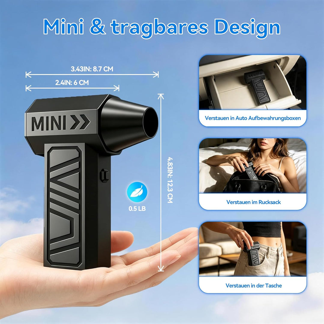 Mini Gebläse Akku, Handgebläse, 105000RPM 4-Stufen Gebläse Klein, Compressed Air Duster mit LED-Lich
