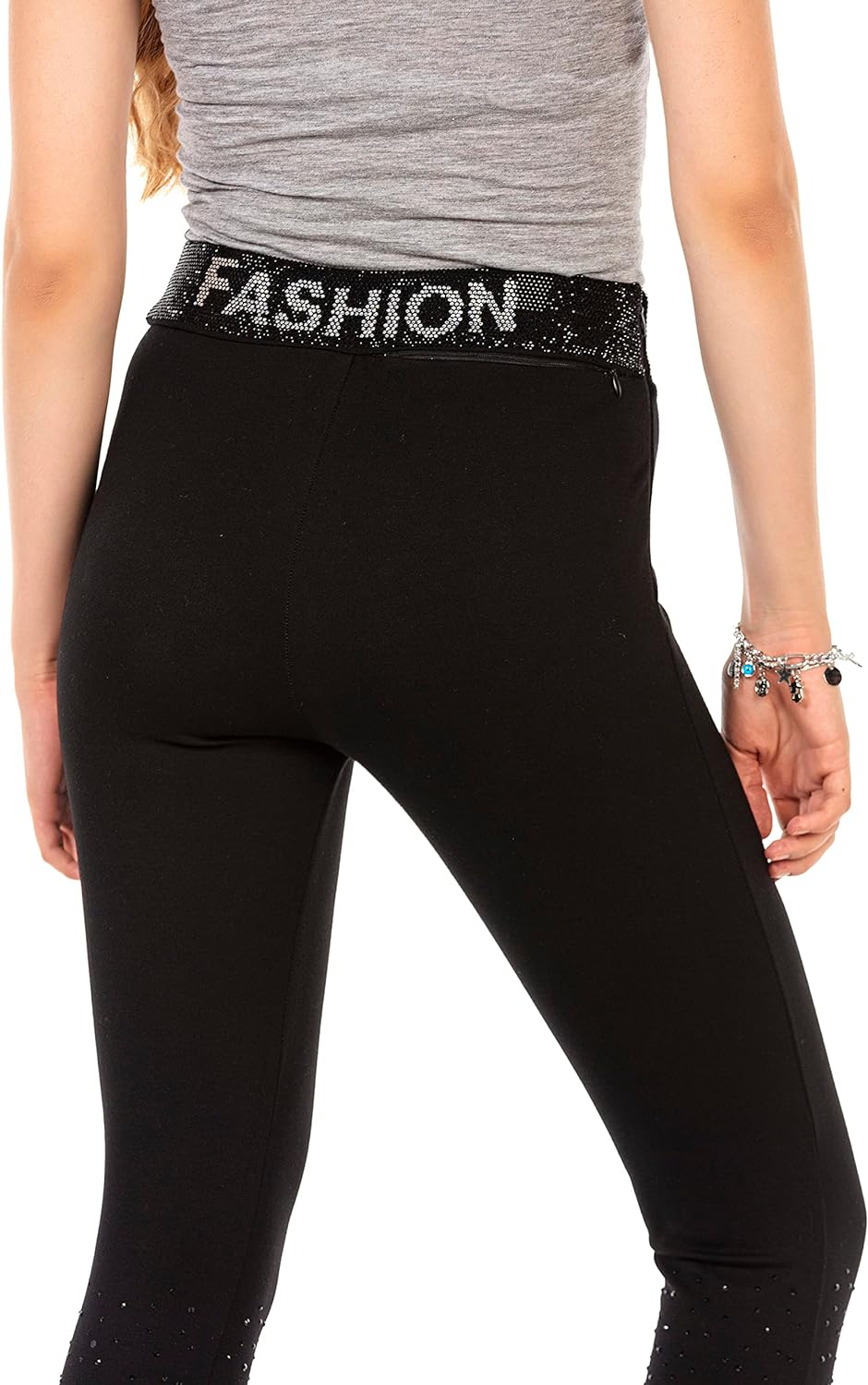 Cipo & Baxx Damen Leggings Tights Logobund Strasssteine Bequem Eng Lang Pants WR141 Schwarz S