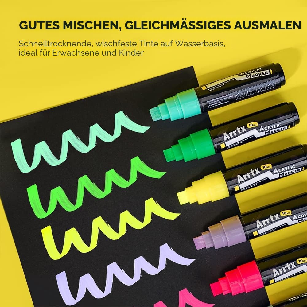 Arrtx Acrylstifte Marker 12 Stück Keil-Spitze 10mm für breite Markierungen - wasserfest, schnell-tro