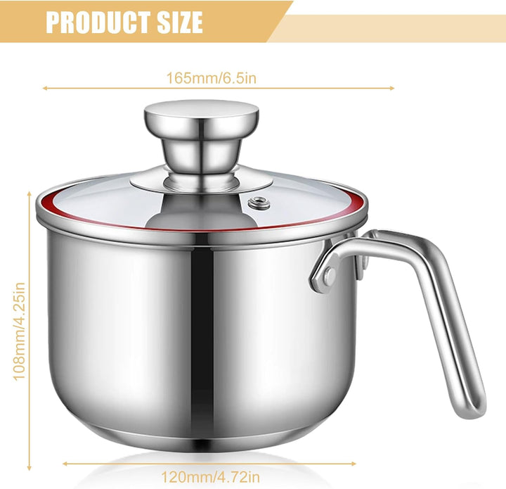 Kochtopf 1,75 L Edelstahl mit Glasdeckel, 16 cm Milchtopf Doppelwandig für Simmertopf, Induktion, Wa