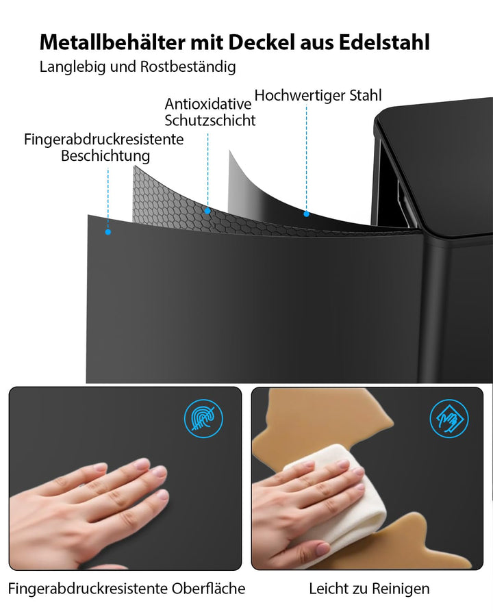 lovewind Mülleimer, 2 x 15L Mülleimer Küche, Doppeleimer für Recycling und Abfall, Schwarz, Mülleime