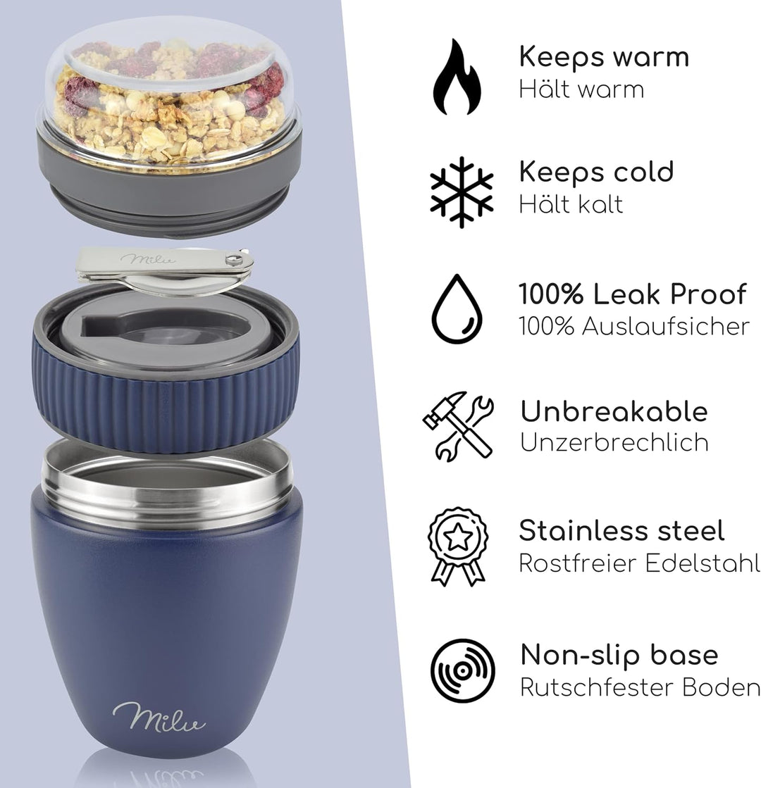 Milu Müslibecher to go 400ml I isolierter Edelstahl Joghurtbecher für Müsli I auslaufsicherer Becher