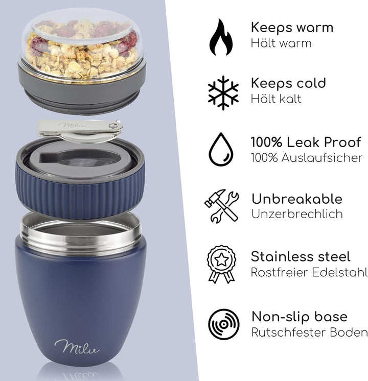 Milu Müslibecher to go 400ml I isolierter Edelstahl Joghurtbecher für Müsli I auslaufsicherer Becher