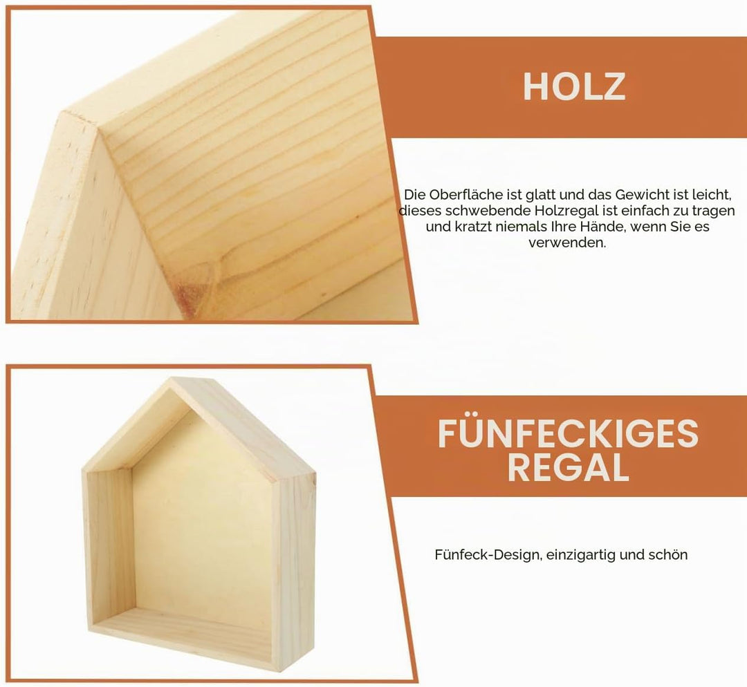 Holz Wandregal Hausform Hängeregal Pentagonal Schwebendes Wandboard für Wohnzimmer Schlafzimmer Büro