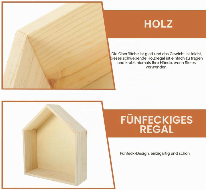 Holz Wandregal Hausform Hängeregal Pentagonal Schwebendes Wandboard für Wohnzimmer Schlafzimmer Büro