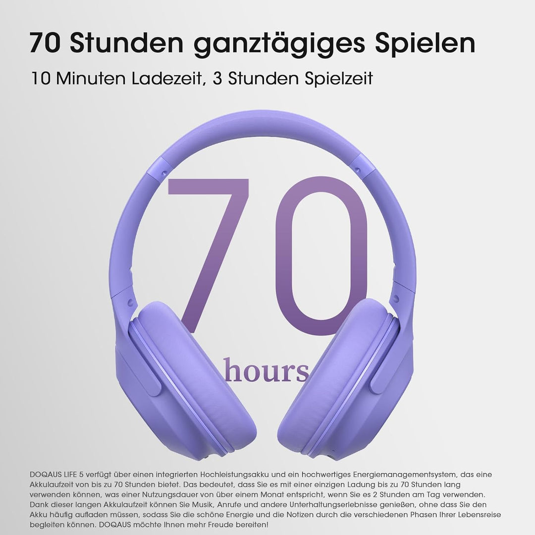 DOQAUS Kopfhörer Kabellose Bluetooth,70 Std.Akku,Lila | Kabellos Faltbare HiFi-Stereo Bluetooth Kopf