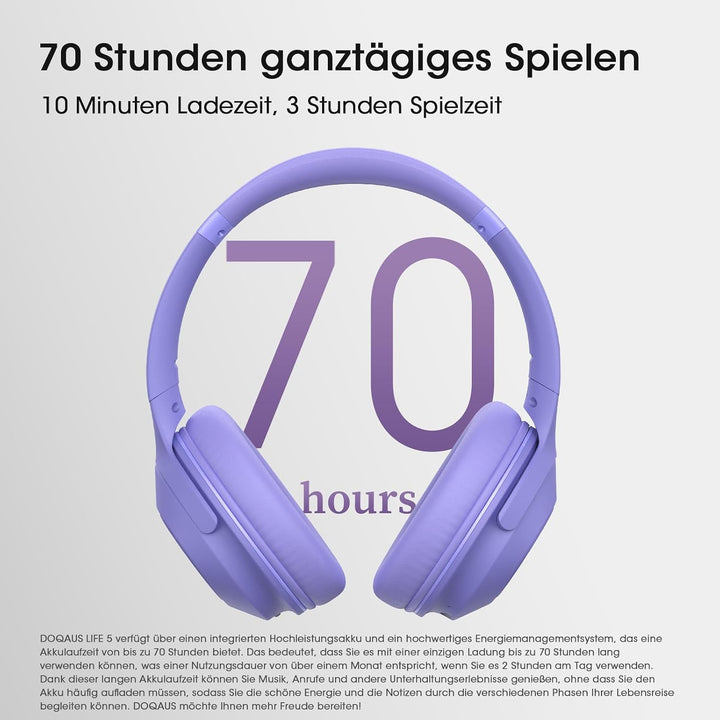 DOQAUS Kopfhörer Kabellose Bluetooth,70 Std.Akku,Lila | Kabellos Faltbare HiFi-Stereo Bluetooth Kopf
