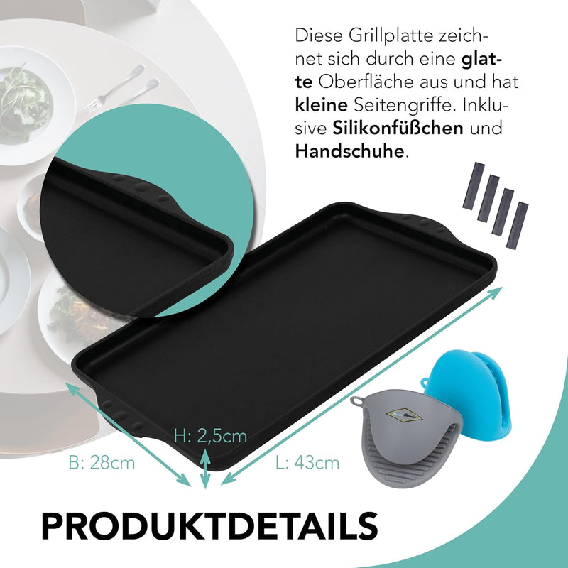 MaxxGoods - Aluminiumguss Grillplatte komplett glatt - 43x28x2,5cm - für Induktion & alle gängigen H