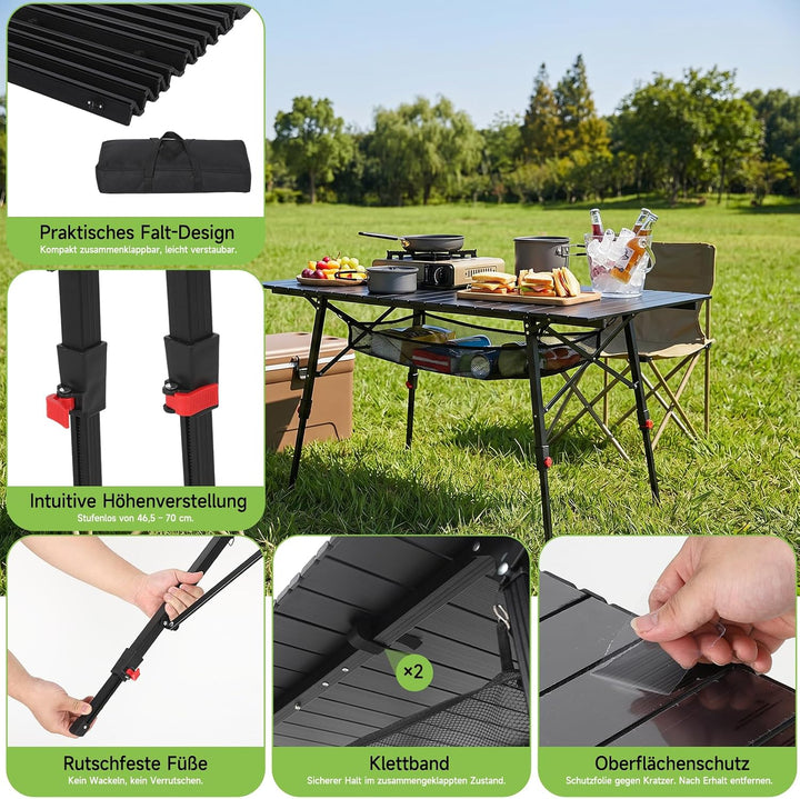 HAUSPROFI Campingtisch Klappbar Aluminium Höhenverstellbar 120x70cm | Falttisch mit Tragetasche &amp; Ne