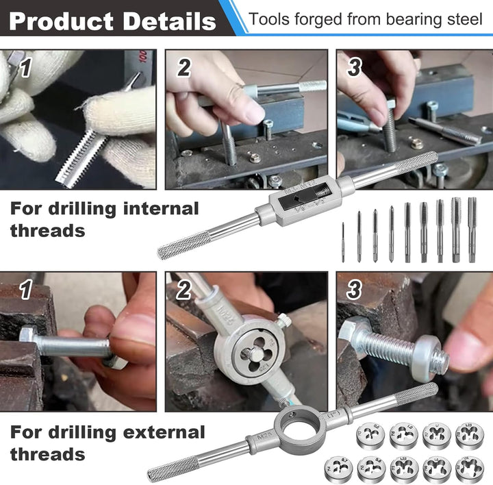 HSEAMALL Gewindeschneidsatz, 20-teilig, M3-M12 Gewindebohrer und Schneideisen 20 pcs Silver, 20 pcs