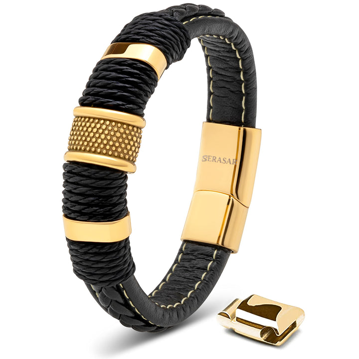 SERASAR Premium Lederarmband für Männer in Schwarz | Magnetverschluss aus Edelstahl in Schwarz, Silb