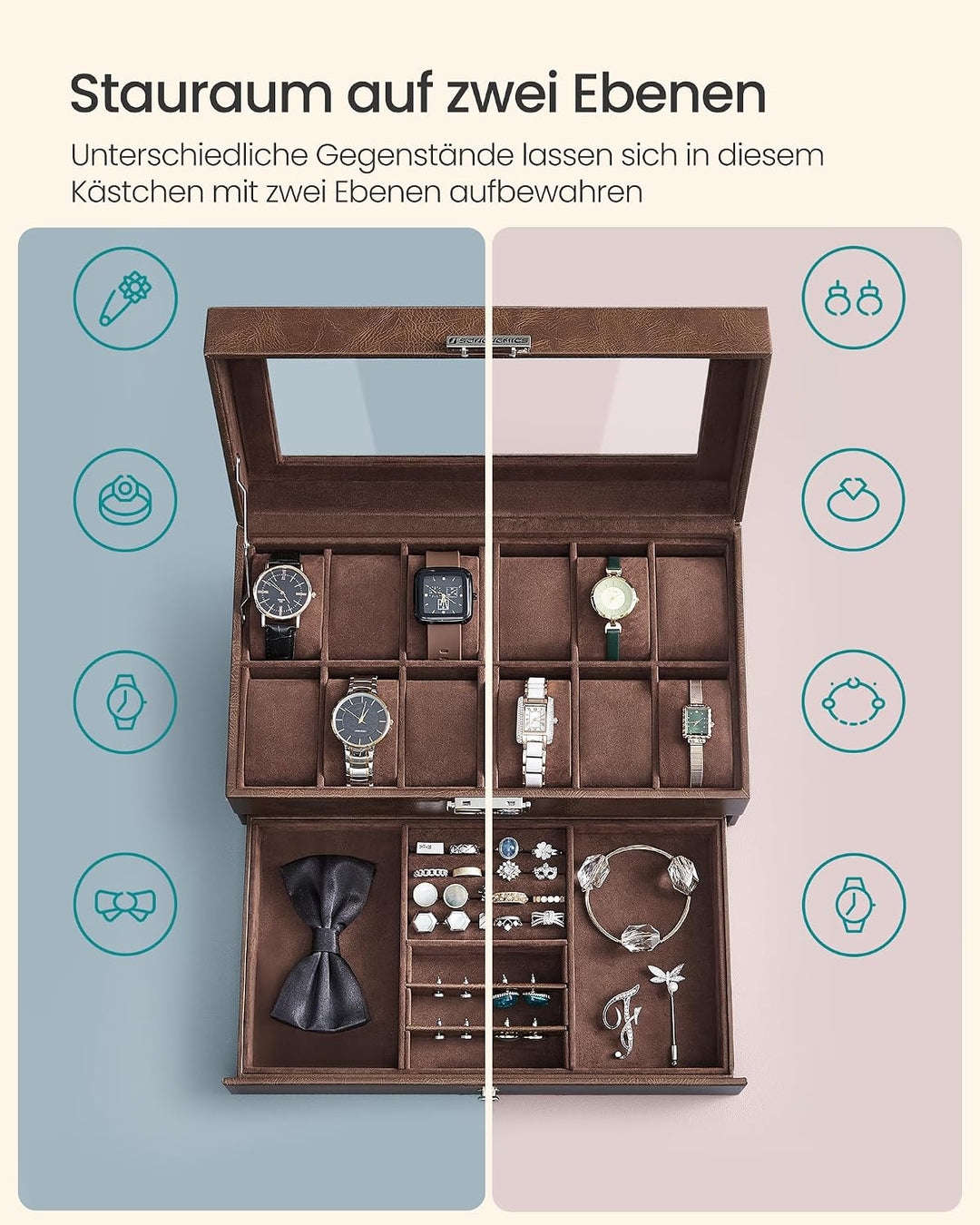 SONGMICS Uhrenbox, Uhrenkasten mit Glasdeckel, Uhrenkoffer 2 Ebenen, für 12 Uhr, abschliessbar, 1 Sc