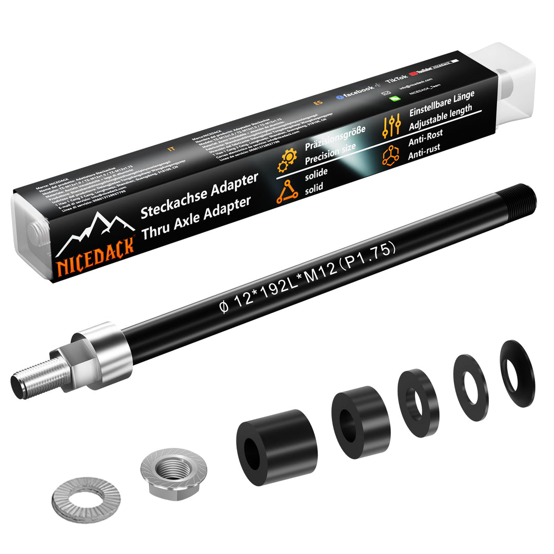 NICEDACK Steckachse M12 x 1,75-167-192 mm mit Adapter für Fahrradanhänger Kupplung, Einstellbare Sch