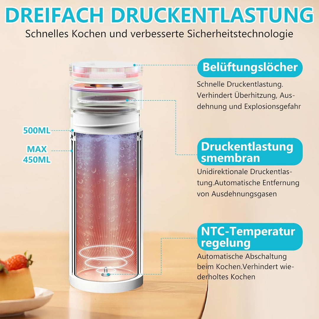 GuKKK Reisewasserkocher Klein Elektrische, 500ML Tragbarer Wasserkocher Mini Wassertasse Edelstahl 3